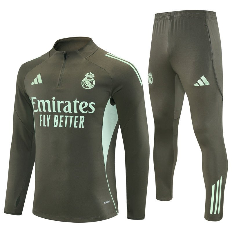 25/26 Real Madrid Training Dark Olive Tracksuit - Premium Quality Jersey at FootballPrestige.com