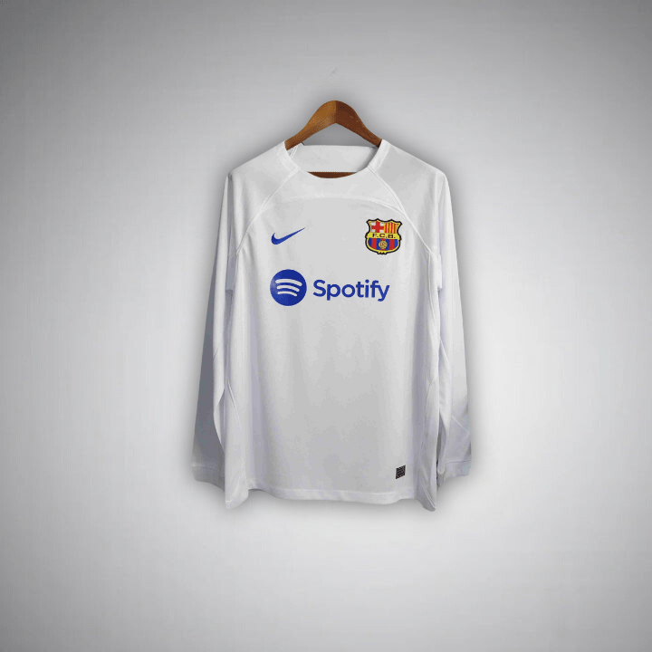 23/24 FC Barcelona White Long Sleeve Away Kit - Premium Quality Jersey at FootballPrestige.com