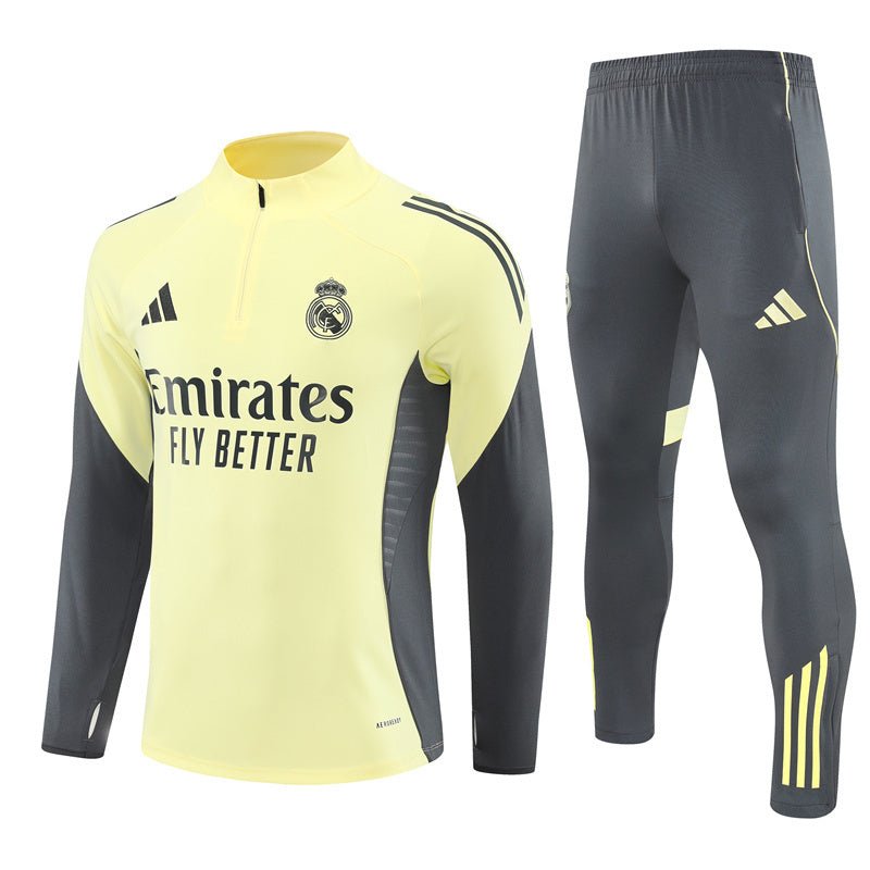 25/26 Real Madrid Training Yellow/Grey Kids Size Tracksuit - Premium Quality Jersey at FootballPrestige.com